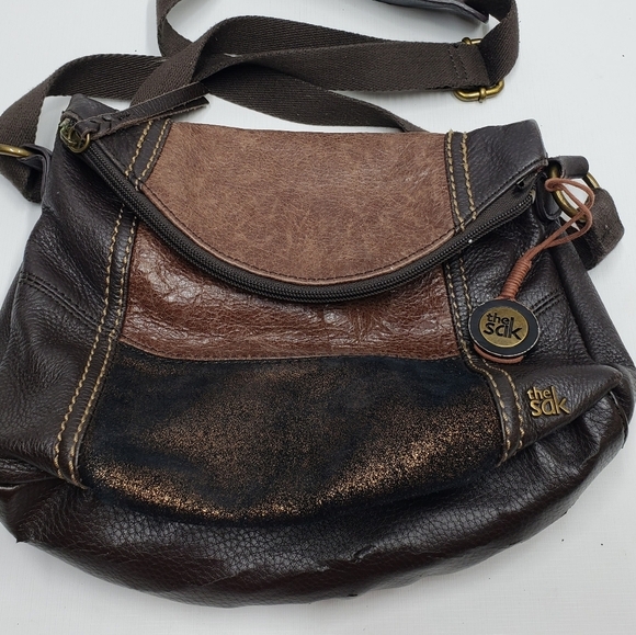 The Sak Deena Leather Crossbody Hobo Bag Foldover Multi Texture Shimmer - Picture 2 of 16